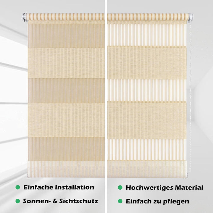 Doppelrollo Bambus, 75x150cm, Creme, mit extra Breiten Stoff-Streifen in Bambusgras-Optik, Klemm-Fix