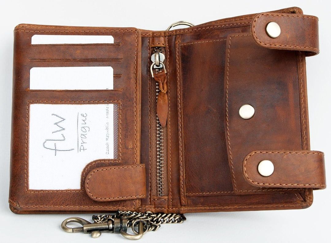 FLW Herren Biker Naturleder Geldbörse mit einer Metallkette