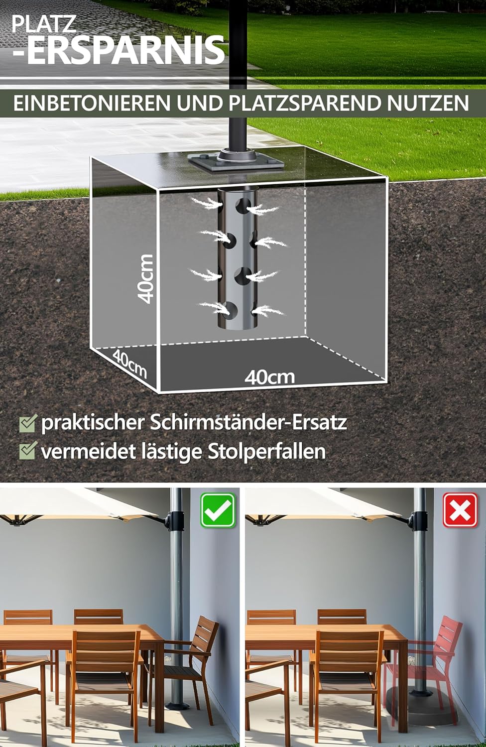 4smile Bodenanker Sonnenschirm - Edelstahl Bodenhülse Sonnenschirm SunnyGround zum Einbetonieren, bi