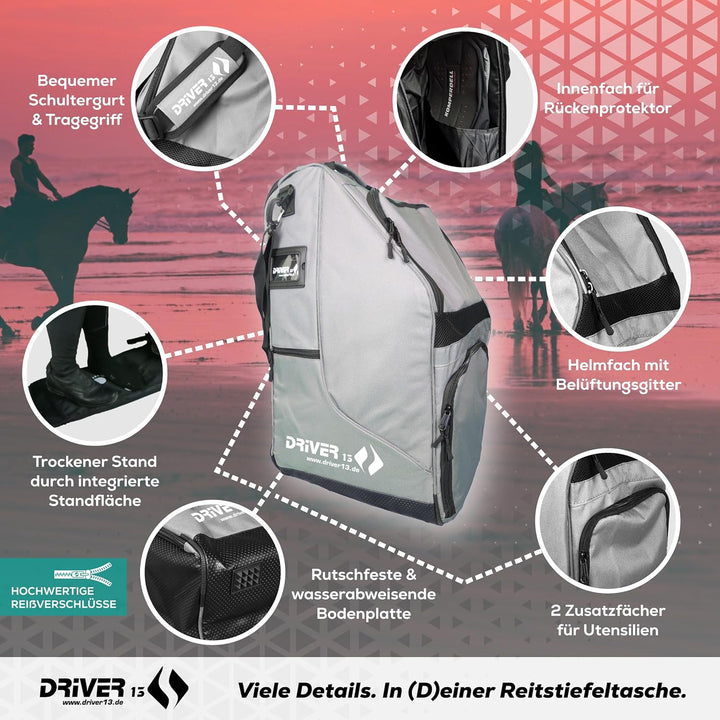 Driver13 Reitstiefelrucksack Reitstiefeltasche Stiefeletten Taschen Deluxe mit Helmfach für Reitstie