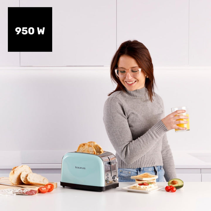 Taurus Toaster, 950 W, 2 Schlitze, 135 x 35 mm, 7 Stufen, 3 Funktionen, Gehäuse aus Edelstahl, selbs