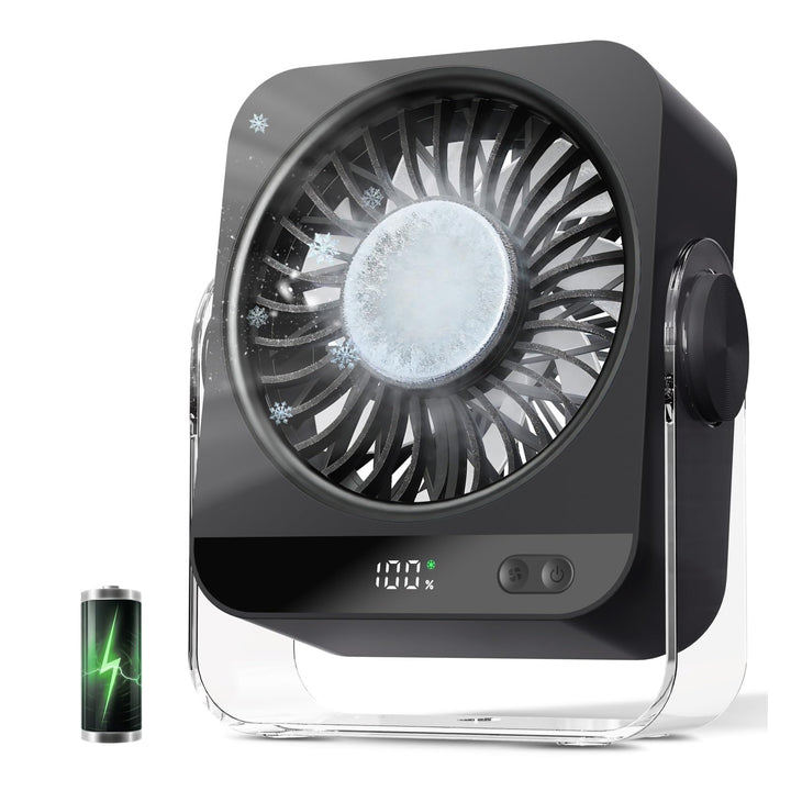Ventilator Akku mit Eiskühlung, 4000mAh Tischventilator Akku, USB C Aufladbar Ventilator Klein, Trag