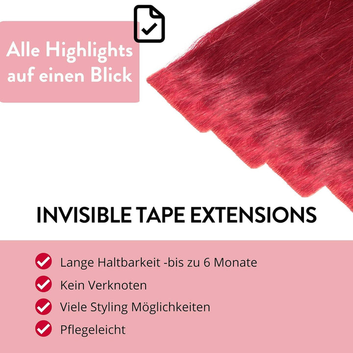 hair2heart Invisible Tape Extensions Echthaar Premium - 10 Tapes 50cm 0/44 rot intensiv