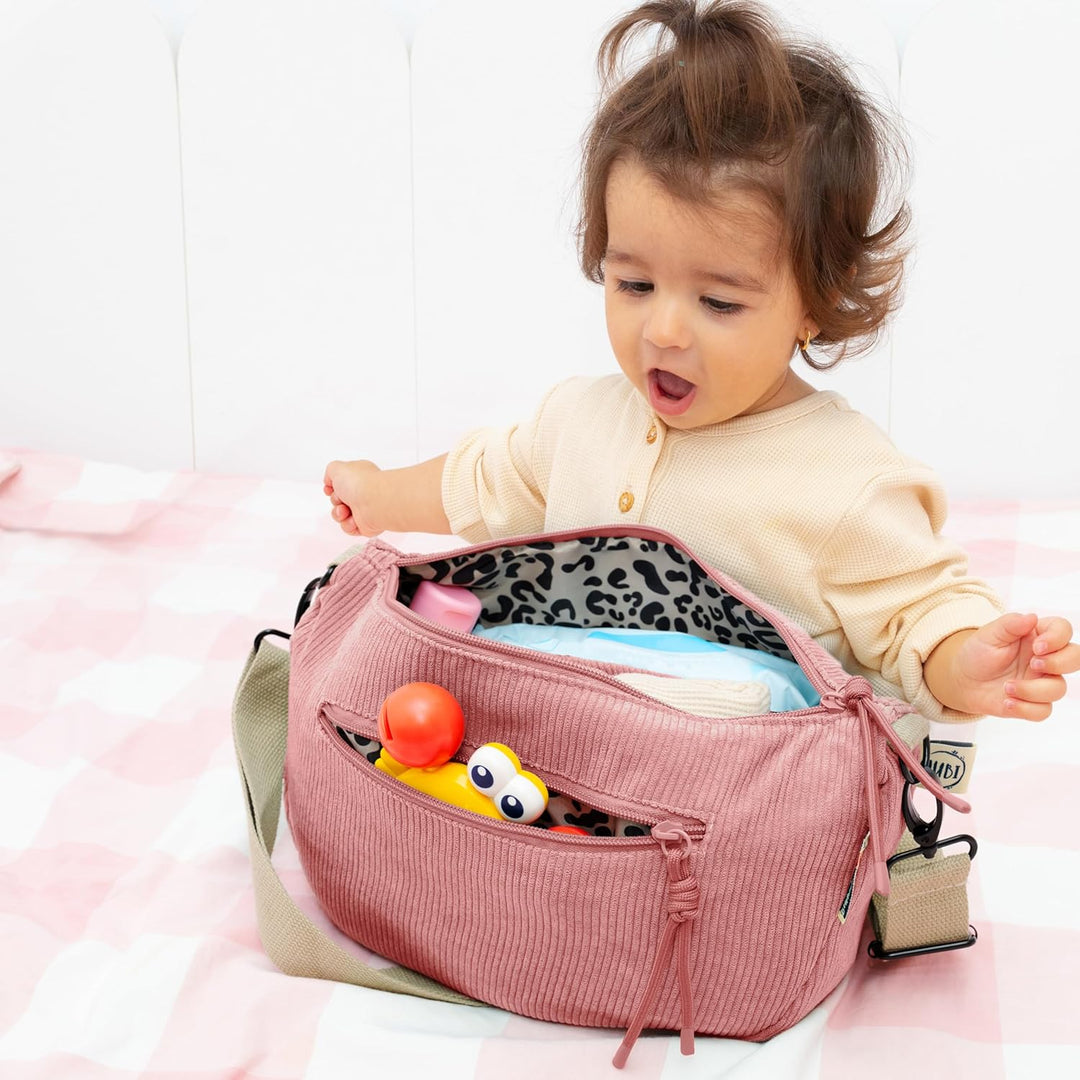 Jubi® Wickeltasche Moon Bag aus Cord Pink – Kinderwagenorganizer mit Kinderwagenbefestigung, Crossbo