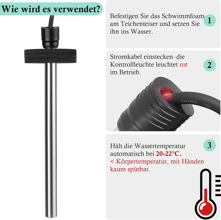 FEDOUR Teichheizung 300W- Eisfreihalter für Teiche, Koi-Teich, Gartenteichenteiser mit 5m Langem Kab