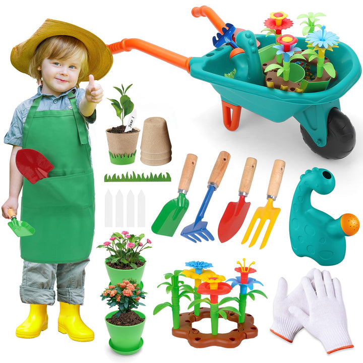deAO Gartenset Kinder, Gartengeräte Spielzeug mit Schubkarre, Schaufel, Rechen, Blumentöpfe, Handsch