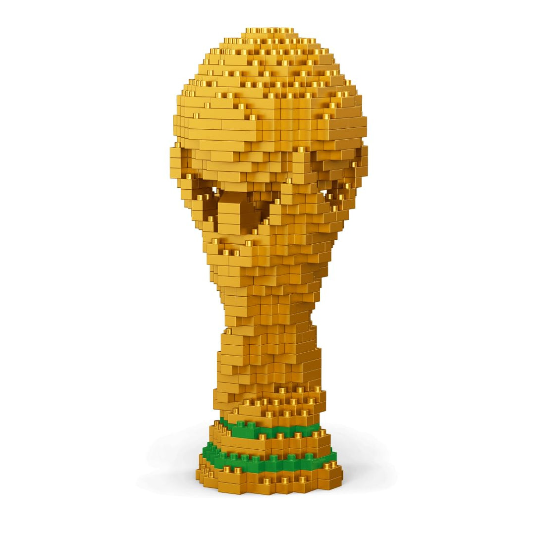 Fussball-Weltpokal zum Bauen mit Mini-Bausteinen. 3D Sammlertrophäe. Sportliche Dekorationsfigur. Ge