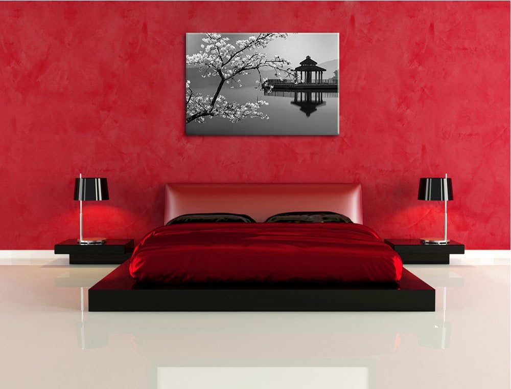 schöner Kirschbaum an japanischem See schwarz/weiss Format: 100x70 auf Leinwand, XXL riesige Bilder