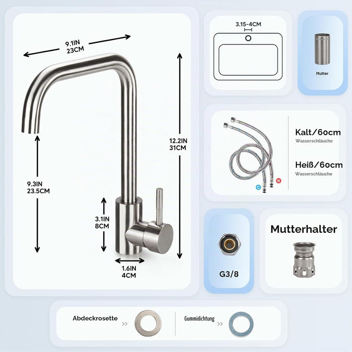 Virklyee Wasserhahn Spültischarmatur Wasserhahn Küche 360° Drehbar Küchenarmatur aus Edelstah, Einst