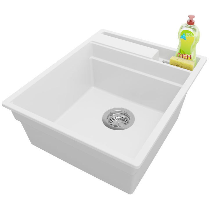 PRIMAGRAN Granitspüle Weiss 43x53cm, Granitspüle 1 Becken + Ablauf-Set, Küchenspüle ab 45er Untersch
