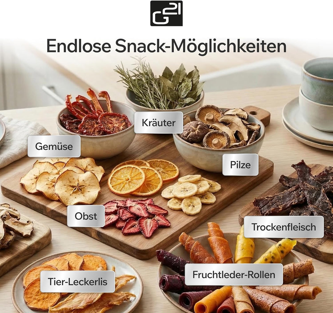 Dörrautomat/Obsttrockner G21 Kona, Edelstahl, 600 W, Zeitschaltuhr, 7 Trockenplatten, 7 Feinsiebe, D