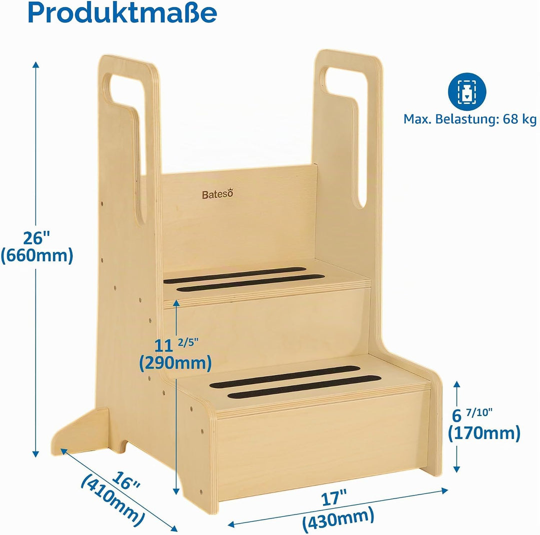 Bateso Tritthocker für Kinder, grosser Tritthocker aus Holz für Kleinkinder mit Griffen und rutschfe