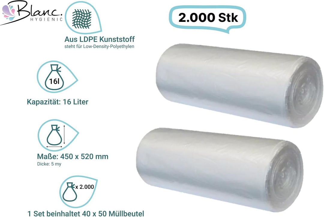 Blanc HYGIENIC Qualitäts-Müllbeutel – Mülltüten 16 Liter, 40x 50 Stück auf Rolle, Mülleimerabfallbeu