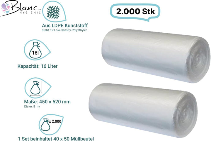 Blanc HYGIENIC Qualitäts-Müllbeutel – Mülltüten 16 Liter, 40x 50 Stück auf Rolle, Mülleimerabfallbeu