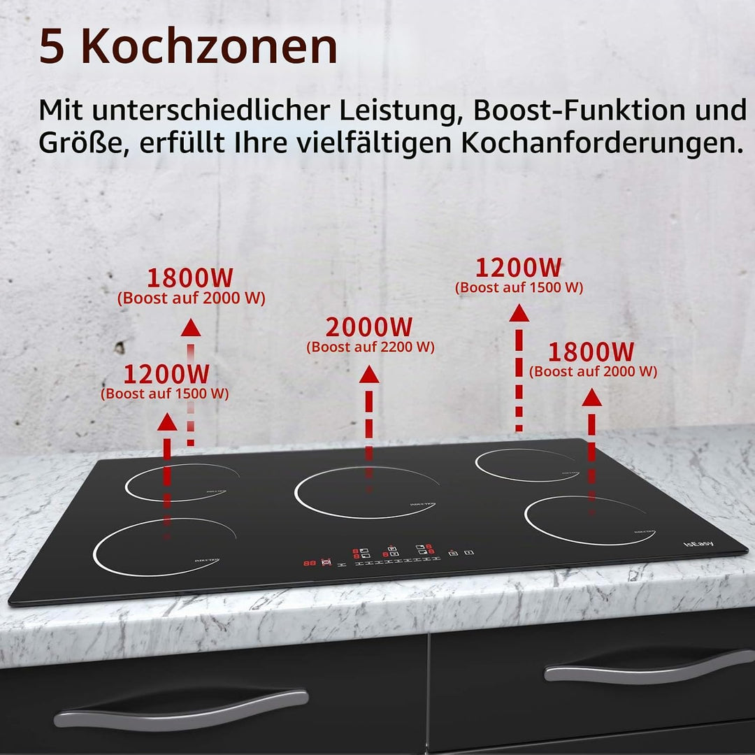 Induktionskochfeld, IsEasy 90cm , Elektrokochfeld mit 5 Kochzonen/8600W, 1800W/1200W/2000W/1500 W, 1