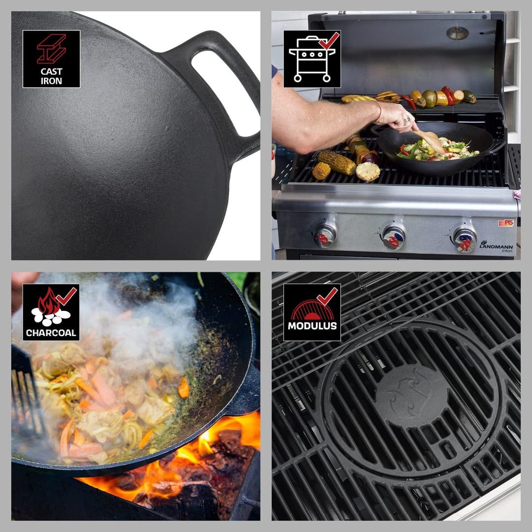 LANDMANN Grillwok | Hochwertiger Wok aus emailliertem Gusseisen (Ø 36 cm) | Optimale Hitzeverteilung