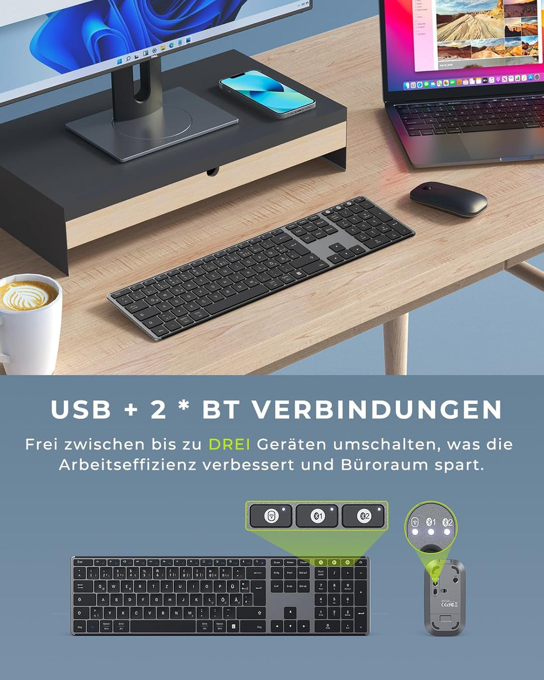 seenda SKM64-3 Bluetooth Tastatur mit Maus, Wiederaufladbare Dualmodus USB & Bluetooth Tastatur aus