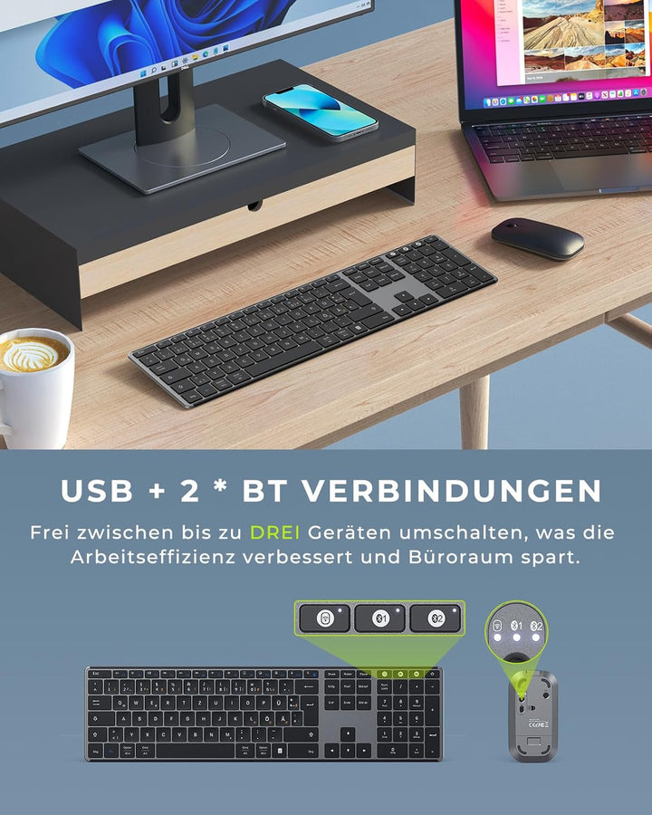 seenda SKM64-3 Bluetooth Tastatur mit Maus, Wiederaufladbare Dualmodus USB & Bluetooth Tastatur aus