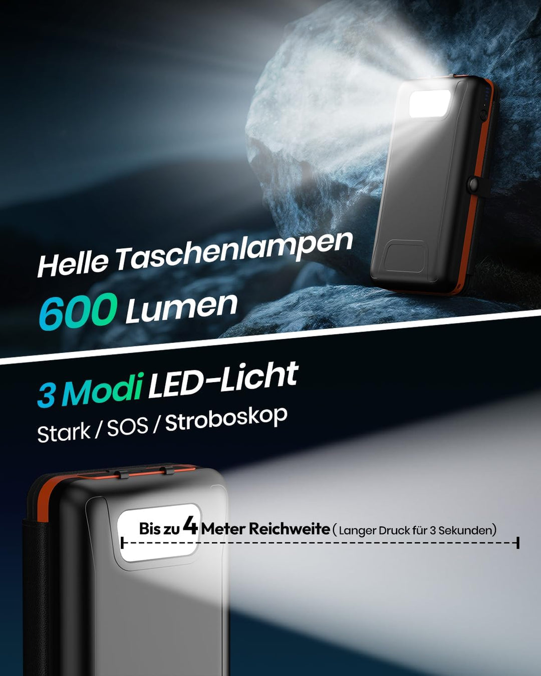 Solar Powerbank 20000mAh – A ADDTOP Solar Ladegerät mit 22.5W Schnellladung, 2 USB-A Ausgäng, 1 USB-