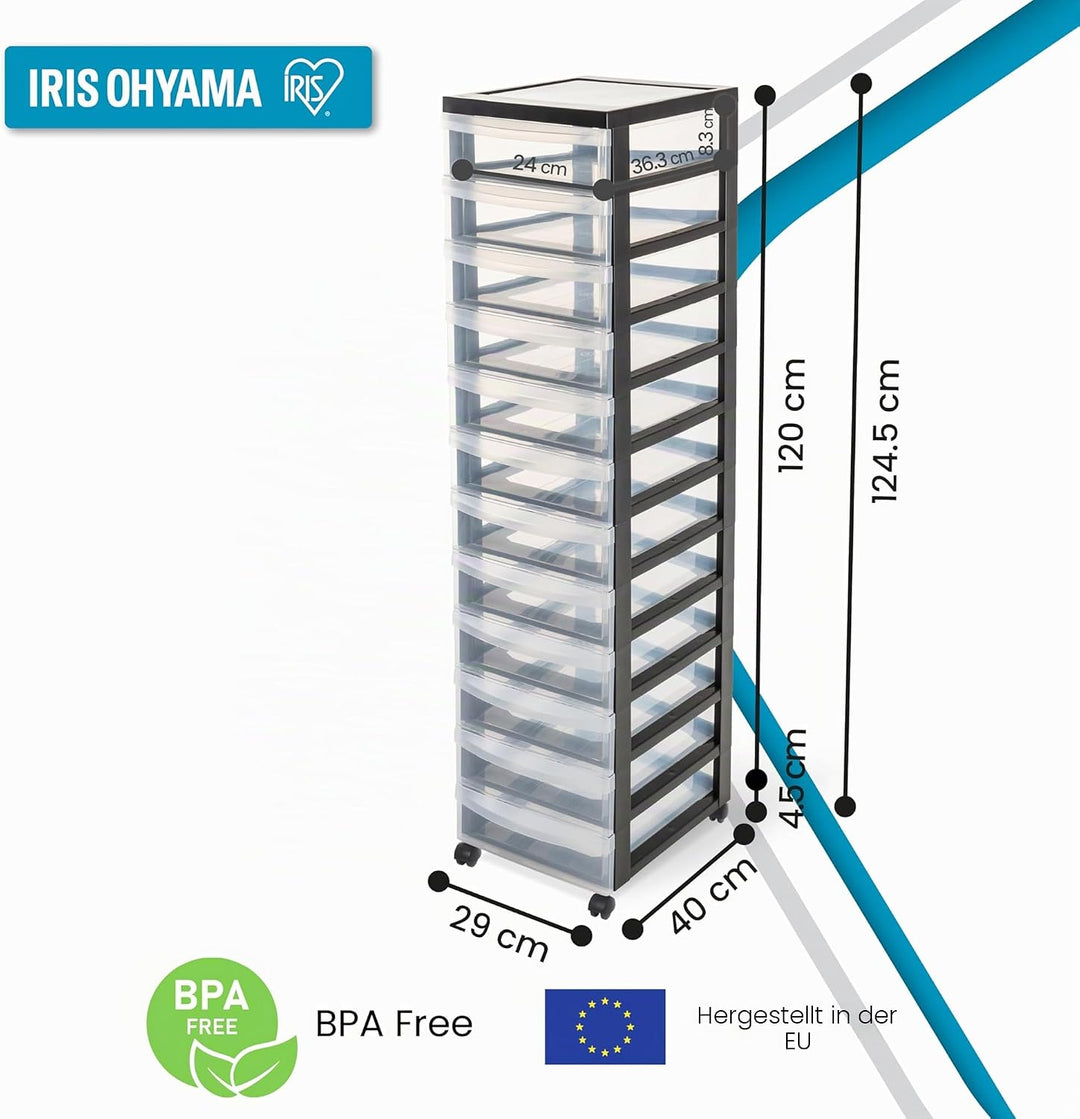 Iris Ohyama, Schubladenschrank auf Rollen, 12 Schubladen mit 7 L, mit Rollen, ergonomische Griffe, B