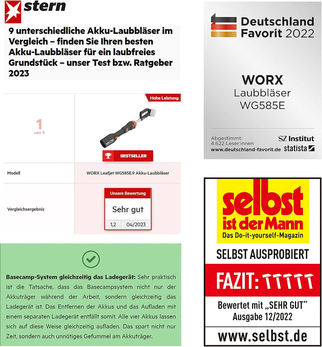WORX Nitro 40V Akku-Laubbläser WG585E - bürstenloser Motor - 3 Geschwindigkeiten &amp; Turbomodus - 266k