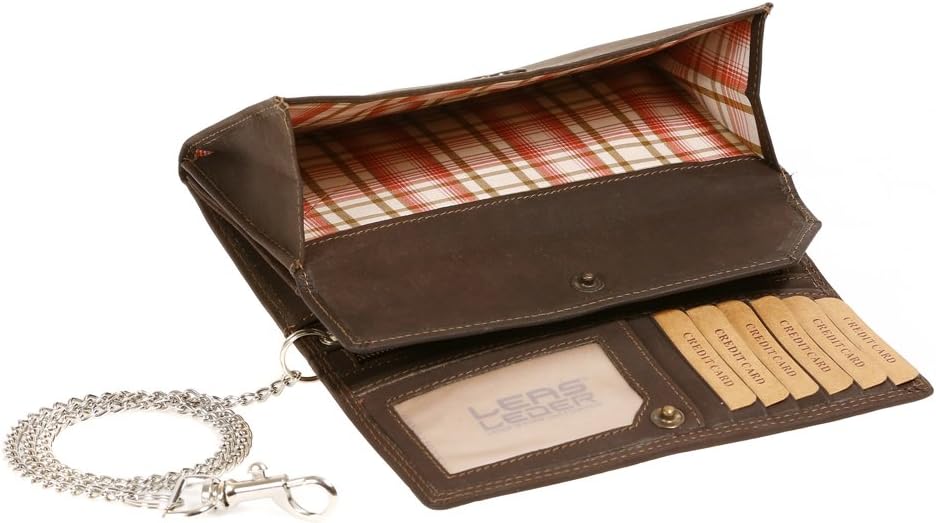 LEAS Bikerbörse Langbörse mit Chrom-Kette im Vintage-Stil MCL in Echt-Leder, braun Chain-Series