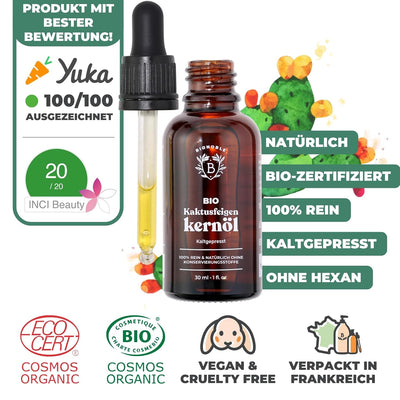 Bionoble Kaktusfeigenkernöl Bio 30ml - 100% Rein, Natürlich, Kaltgepresst - Gesicht, Körper, Haare,