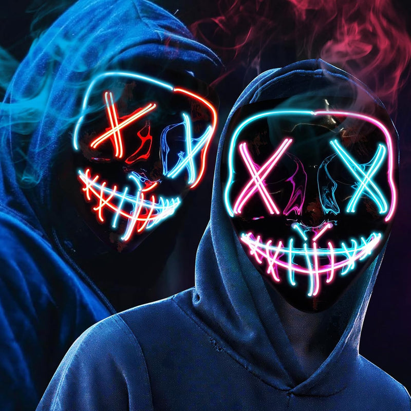 OUILA LED Halloween Maske, 2 Pack Neon Leuchtmaske mit 3 Leuchtmodi für Herren, Damen, Cosplay, Hall