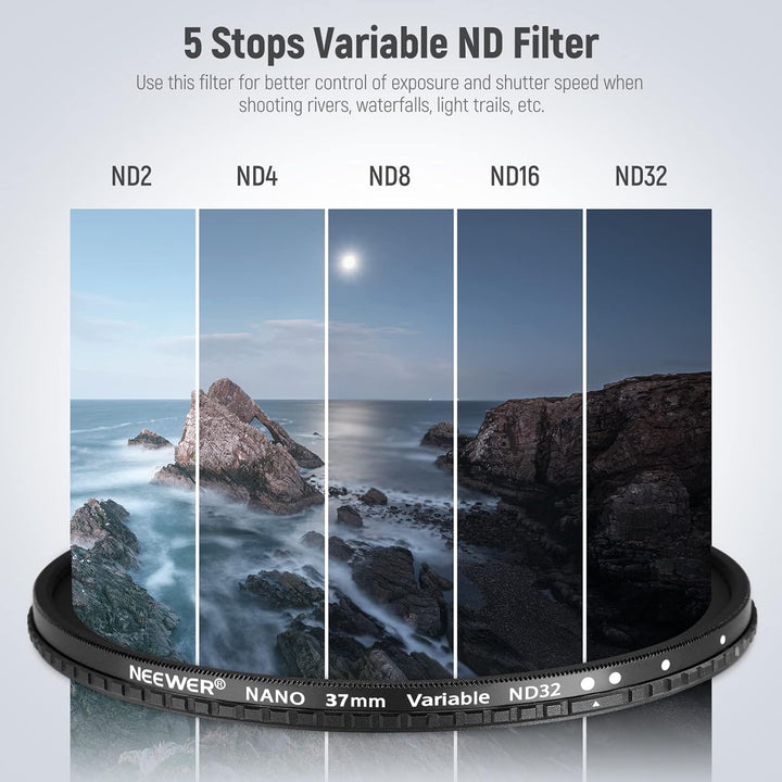 NEEWER 37mm HD Variable ND Filter ND2-ND32 (1-5 Stops) kein X Kreuz Variabel Graufilter HD optisches