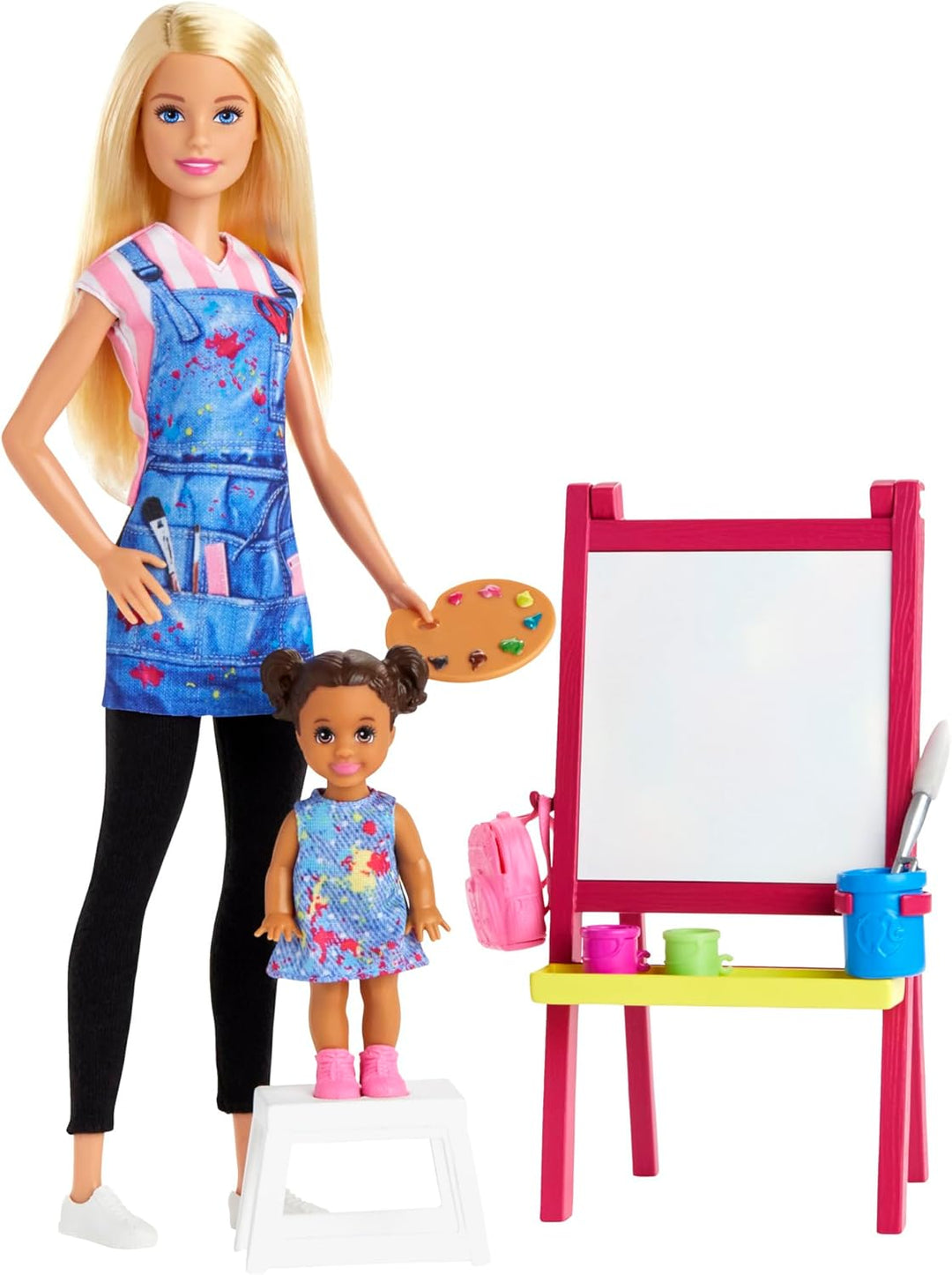 Barbie GJM29 - Kunstlehrerin-Spielset, Puppe (blond), Kleinkind-Puppe, Staffelei mit Farbwechsel-Eff