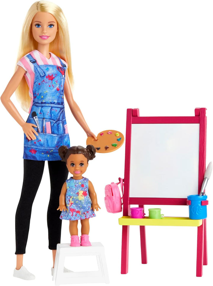 Barbie GJM29 - Kunstlehrerin-Spielset, Puppe (blond), Kleinkind-Puppe, Staffelei mit Farbwechsel-Eff