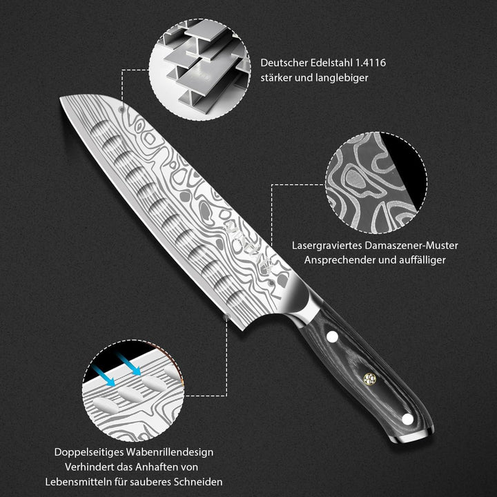 MOSFiATA Kochmesser, Santoku Messer Küchenmesser Profi Chefmesser Allzweckmesser Aus Rostfreiem Stah