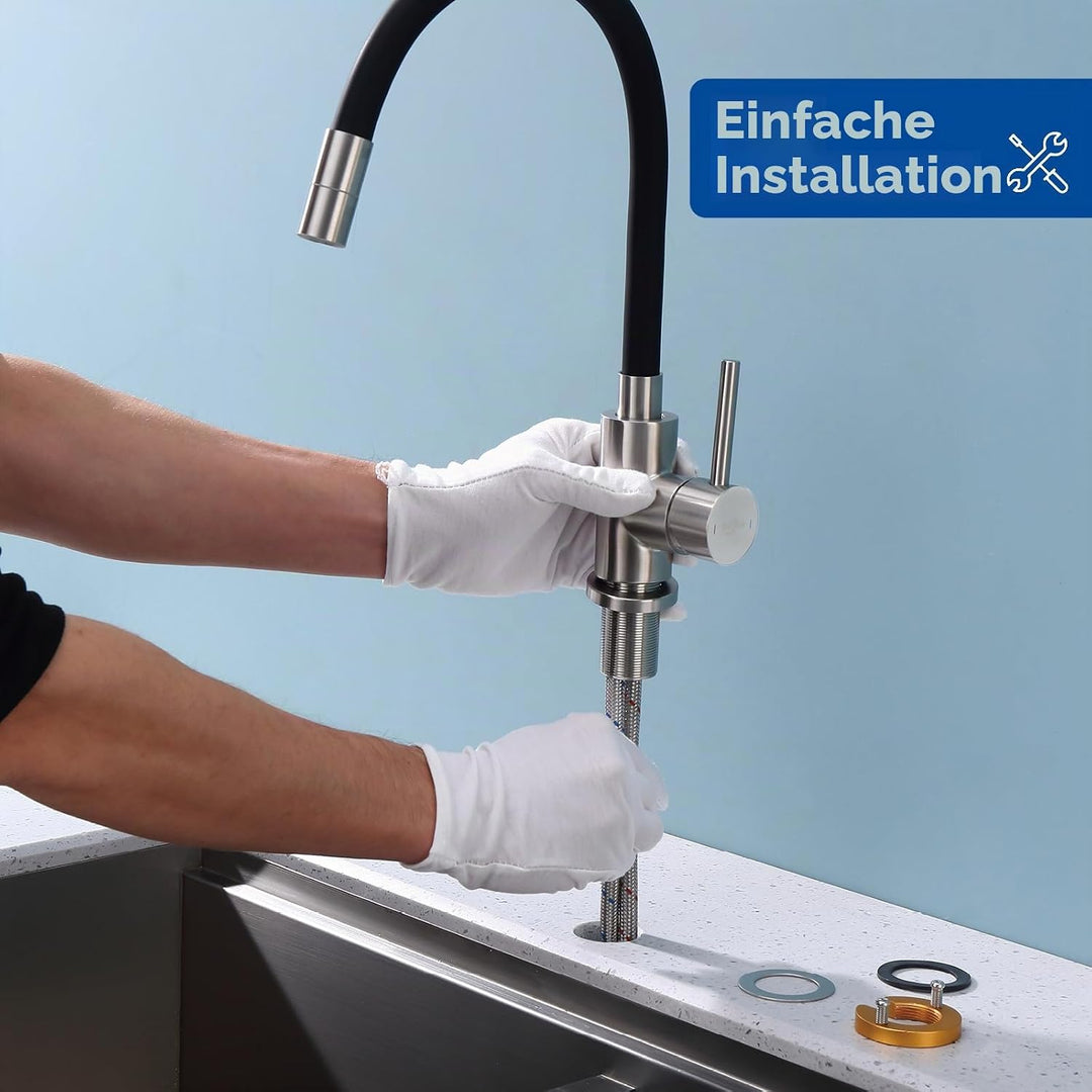 Flexibler Wasserhahn Küche Schwarz, Hochdruck Küchenamatur mit 2 Strahlarten, Armatur Küche 360° Dre