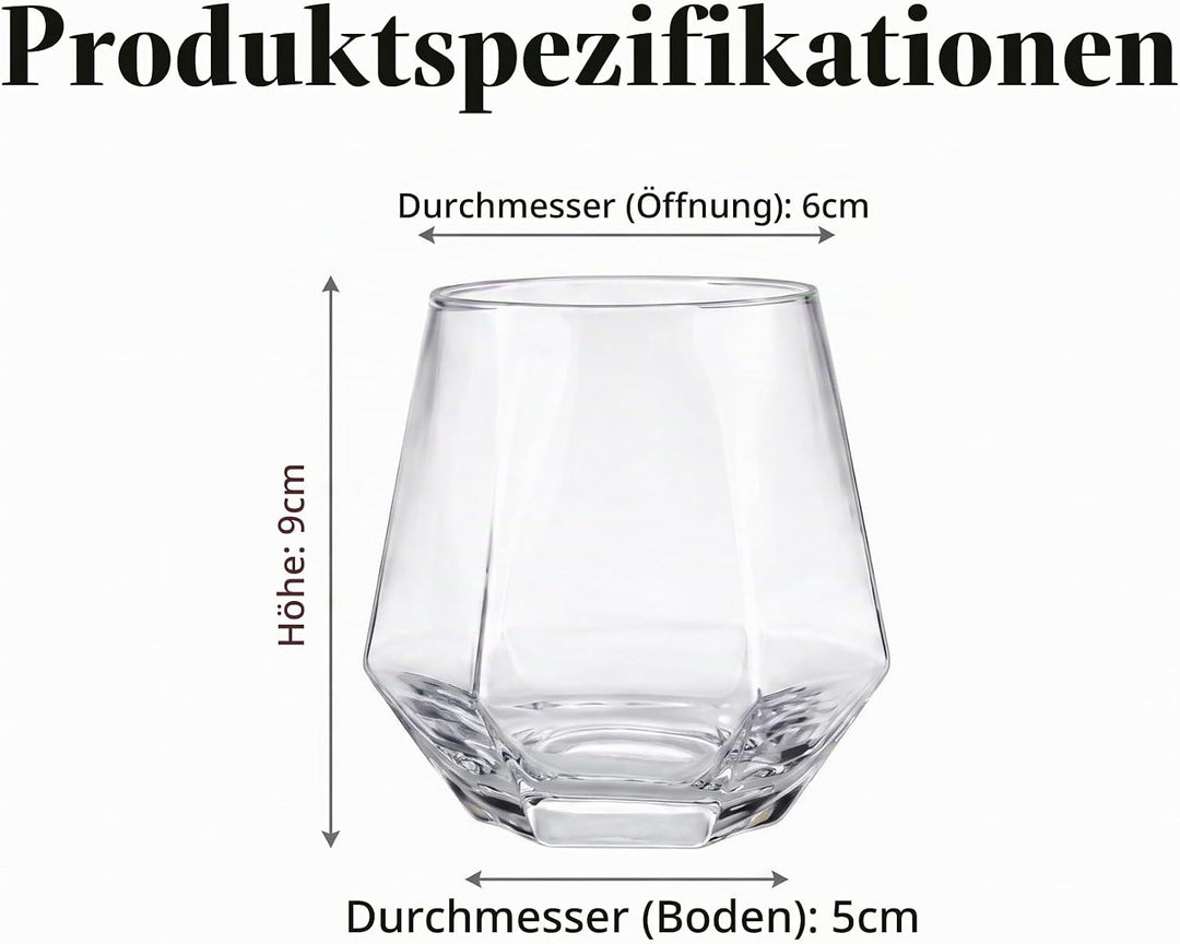 300ml Diamant Whiskey Gläser 4/6 Set, Klar Geometrisch Modisch Wasser Saft Tumbler Gekippt Scotch Gl
