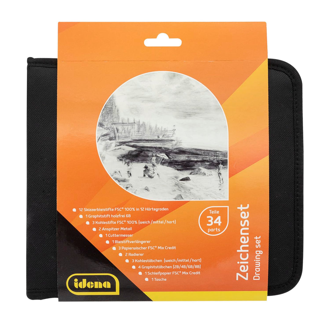Idena 60065 - Zeichenset, 34 Teile in praktischer Aufbewahrungstasche, Zeichenzubehör-Set ideal für