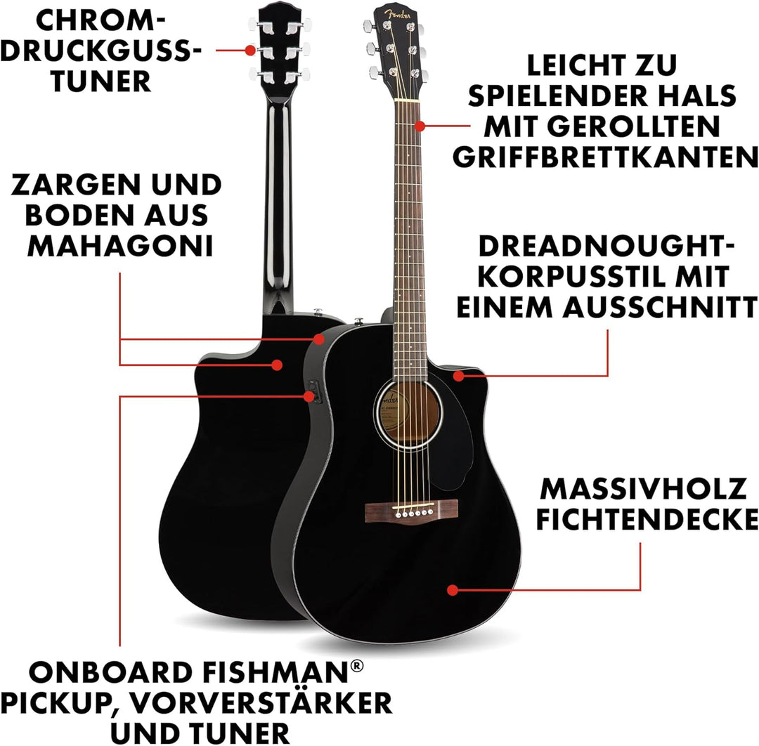 Fender CD-60SCE Dreadnought Akustikgitarre, Walnussgriffbrett, Schwarz Schwarz Rechtshänder, Schwarz