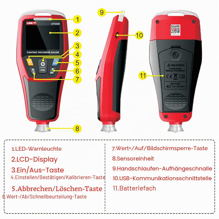 UNI-T UT343D Digitales Schichtdickenmessgerät Messgerät Messbereich 0 bis 1250 um mit USB-Datenfunkt