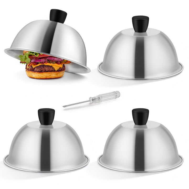 Herogo Burgerglocke, 4 Stück Edelstahl Burger Glocke mit Hitzebeständig Griff, 15,3x9 cm Metall Gril