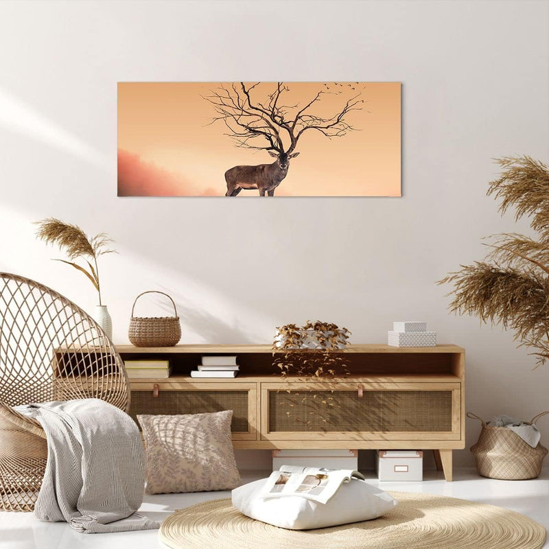 Panorama Bilder auf Leinwand 100x40cm Leinwandbild Hirsch Baum Nebel Wald Gross Wanddeko Bild Schlaf