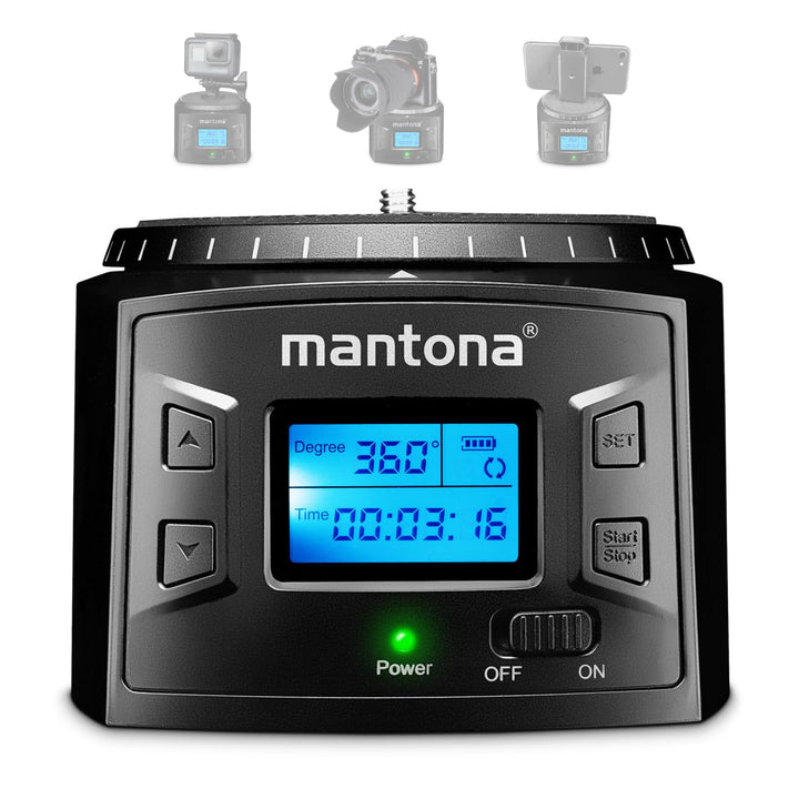 Mantona Turnaround 360 Advanced 3 – elektrischer Panorama Stativkopf 360° endlos Rotation programmie
