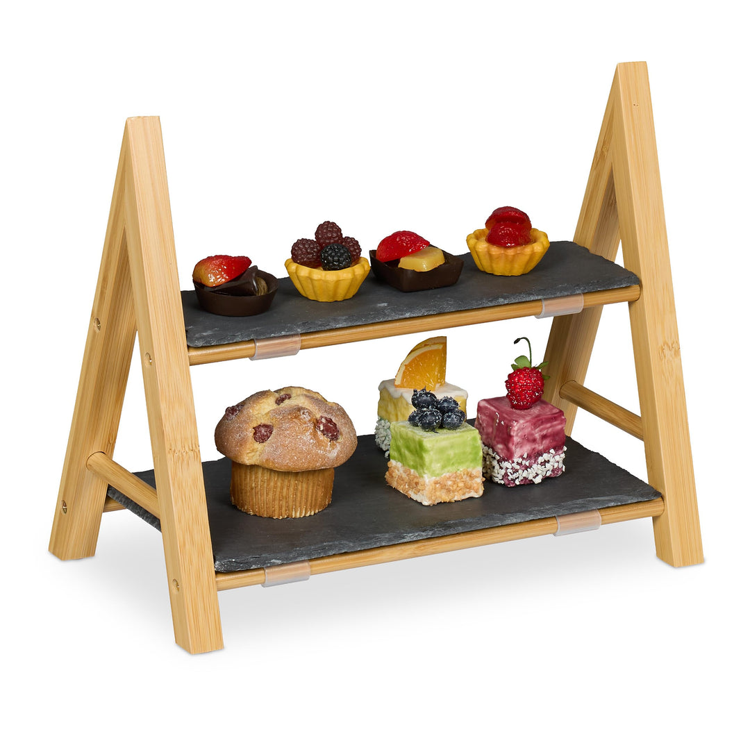Relaxdays Etagere, 2 Etagen, mit Schieferplatten, HBT 27x32x17 cm, rustikaler Servierständer, Bambus