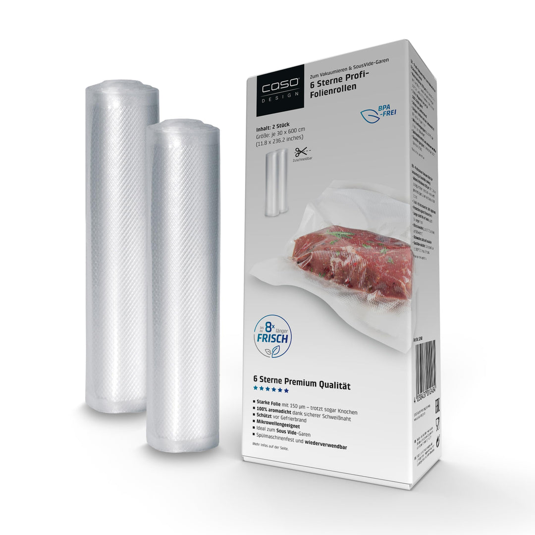 CASO 6 Sterne Profi-Folienrollen 30 x 600 cm, 2 Rollen, für alle Vakuumierer, SousVide-geeignet, wie