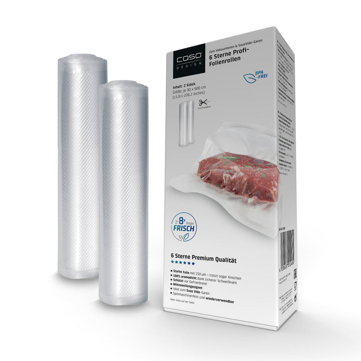 CASO 6 Sterne Profi-Folienrollen 30 x 600 cm, 2 Rollen, für alle Vakuumierer, SousVide-geeignet, wie