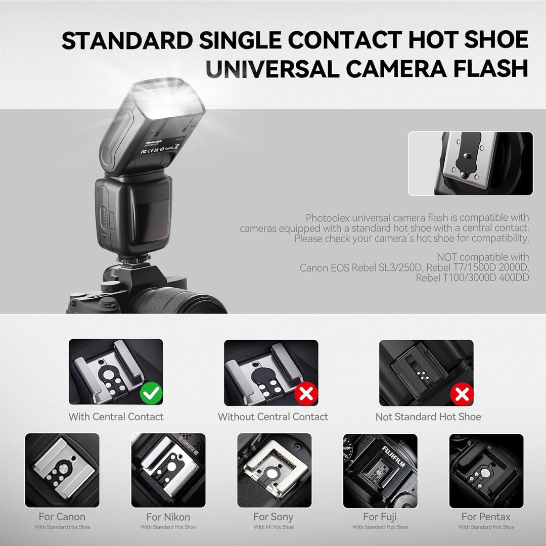 PHOTOOLEX Blitz Flash Speedlite für Canon Nikon Sony Panasonic Olympus Pentax Fujifilm Sigma Minolta