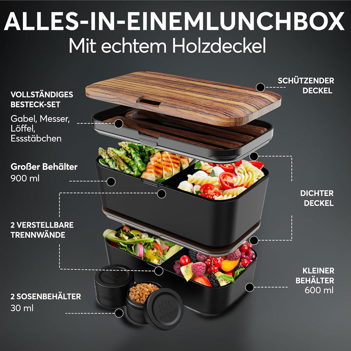 Umami Premium Lunchbox Erwachsene, Verschachtelbar Auslaufsichere Bento Box mit 4 Bestecke & Fächern