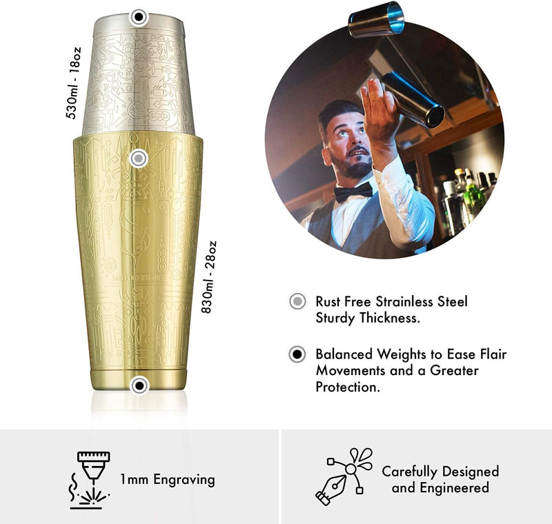 Exklusiver Boston Cocktail Shaker - Gold - Professionelles Set mit vollem Gewicht, Präzisions-Jigger