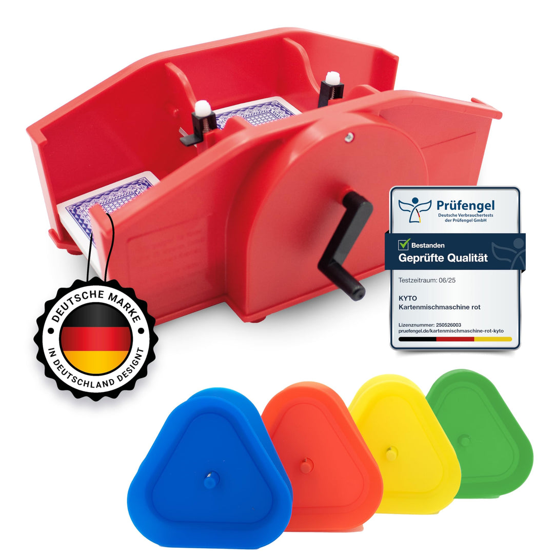 Kyto Manuelle Kartenmischmaschine mit Handkurbel – Spielkarten-Mischer – Rot + 4 Stück Spielkartenha