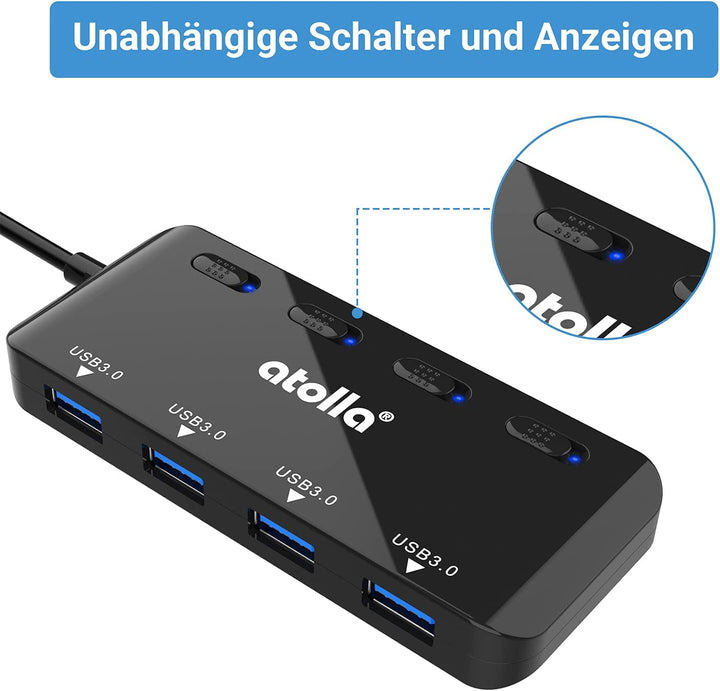 atolla USB Hub mit 4 USB 3.0 Ports, 60cm Kabel, Ultra dünn USB Verteiler mit einzelnen Power Schalte