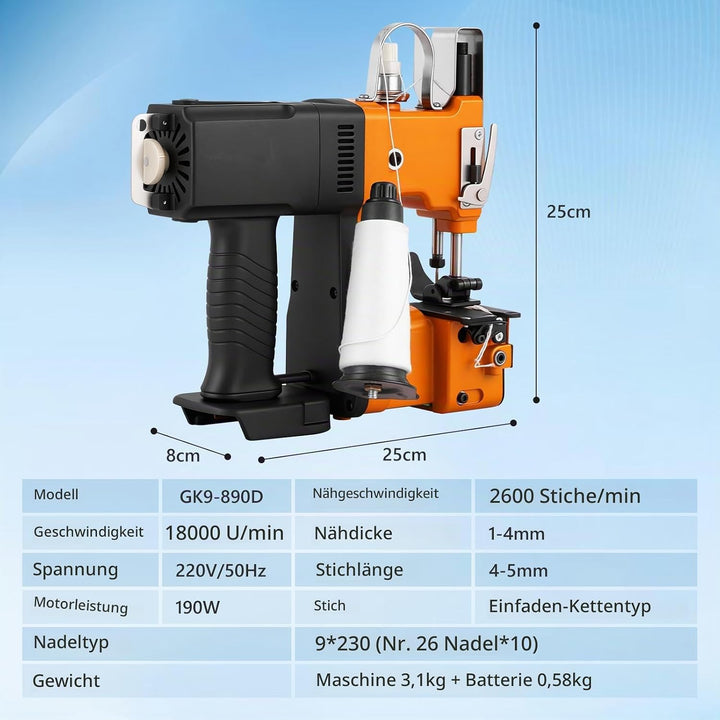 MXBAOHENG Beutelverschliessmaschine (mit 2 Batterien) GK9-890D Sacknähmaschine Tragbar zum Nähen von