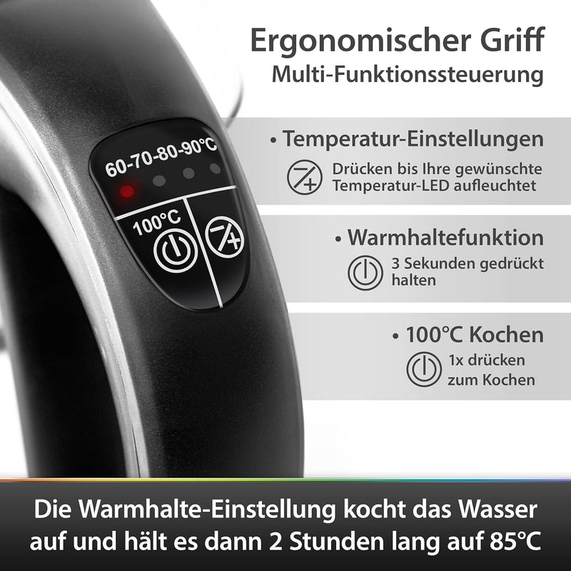 T24 Glas Wasserkocher 1,8 L Temperaturwahl 60-100°C mit Teesieb 2200 Watt, Borosilikatglas Teekocher